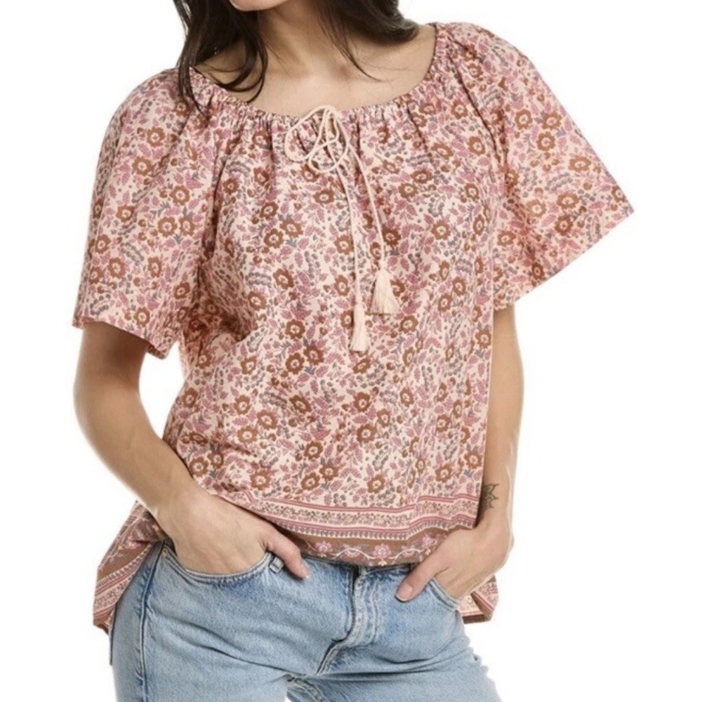 Faherty Women Size M Florence Peasant Tassel Flowy Floral Organic Cotton Blouse